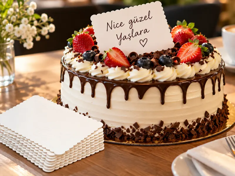 Pastane ve kafeler için özel baskılı pasta mesaj kartı örneği